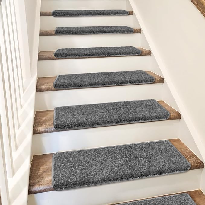 PURE ERA Bullnose Carpet Stair Treads Set Tape Free Non-Slip Indoor Stair Protectors Pet Friendly Rugs Covers Soft Skid Resistant Washable Reusable 9.5" x 30"(14 Pieces,Dark Gray)