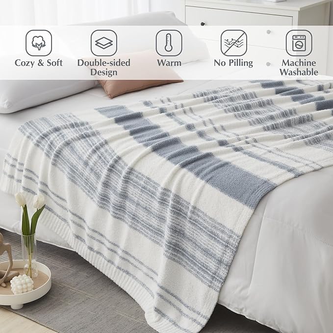 WRENGONGE Grey Blue Throw Blanket, 50x70 Soft Cozy Striped Throw Blankets for Couch, Sofa, Bed, Travel, Lightweight Fluffy Warm Plush Decorative Blankets for Women, Men Gift