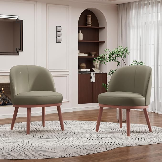 Accent Chair Mid-Century Modern Chair PU Leather Upholstered Armless Chair Set of 2, Suitable for Living Room, Bedroom, Balcony,Olive Green