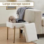 Vanity Stool Chair, Small Ottoman Stool with Storage, Makeup Vanity Chair with Anti-Slip Feet, Footstool Ottoman with Metal Legs, Storage Chairs for Makeup Room, Bedroom, Living Room (White+Gold)