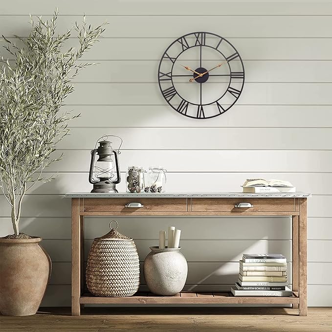 Large Wall Clock, Vintage & Antique European Industrial Decorative Metal Roman Outdoor Clocks, Silent Battery Operated Skeleton Iron Wall Clock Garden/Patio/Pool/Fence-18 Inch, Golden Hand
