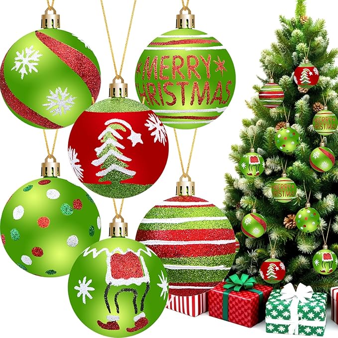 Christmas Tree Decorations Ornaments Set, 2.4 Inch 12PCS Christmas Balls Decor Grinchs Style, Glittering Shatterproof Hanging Bulbs Xmas Decorations for Indoor Home Office (Red Green)