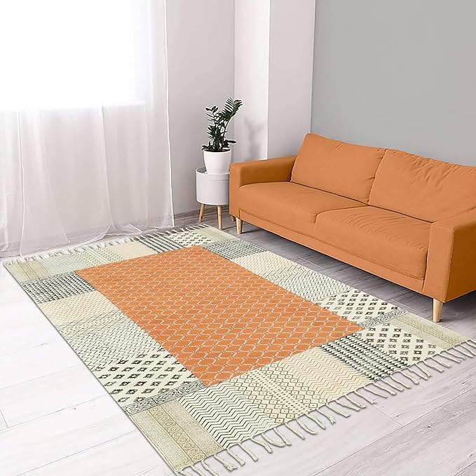 Kilim Rug 4x7 Area Rug Orange & Beige Cotton Dhurrie Oriental Thick 0.19 inches Stone Easy Washable Rug Hand Wash Cotton Carpet Flatweave Rug Indoor Outdoor Rugs for Kitchen, Bedside, Enterway