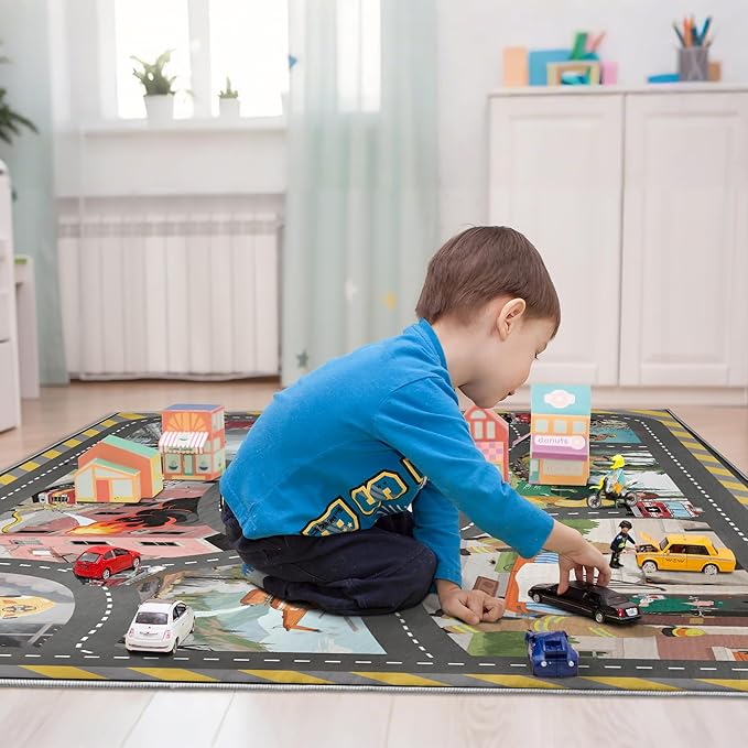 4x6ft Kids Fire Department Missions Play Rug,Non-Slip Faux Wool Carpet with Interactive Fire Department Missions Design for Playroom, Bedroom, Nursery Gift