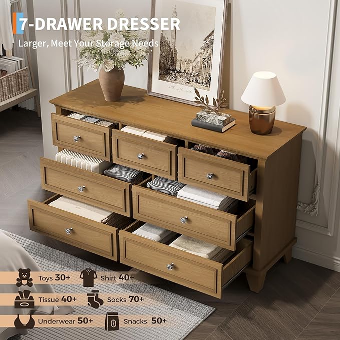 GarveeHome Brown Dresser for Bedroom, 7 Drawer Dresser, Wooden Chest of Drawers with Deep Drawers, 47 in Long Dressers TV Stand, Modern Dressers Organizer with Vintage Handle for Living Room, Hallway