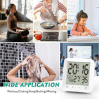 Shower Clock Waterproof, Bathroom Kitchen Wall Clock Timer with Touch Screen, Temperature, Battery Operated, Suction Cup Hanging Hole Stand, White