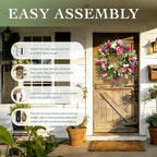 Solar Spring Wreath for Front Door 24inch 50LED Pre-lit Wreaths Spring Summer Decorations Tulips Wreath with Colorful Flowers for Outside Home Decor Festival Farmhouse Decor(2403)