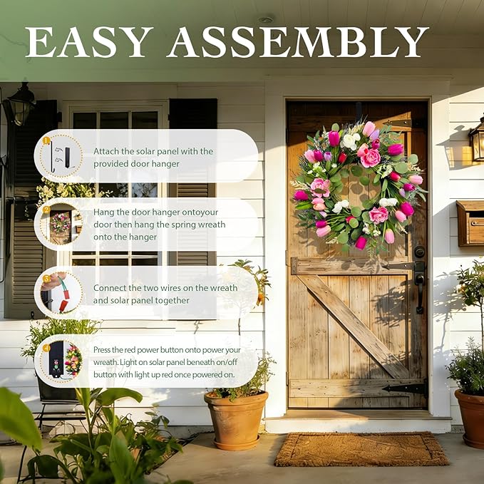 Solar Spring Wreath for Front Door 24inch 50LED Pre-lit Wreaths Spring Summer Decorations Tulips Wreath with Colorful Flowers for Outside Home Decor Festival Farmhouse Decor(2403)