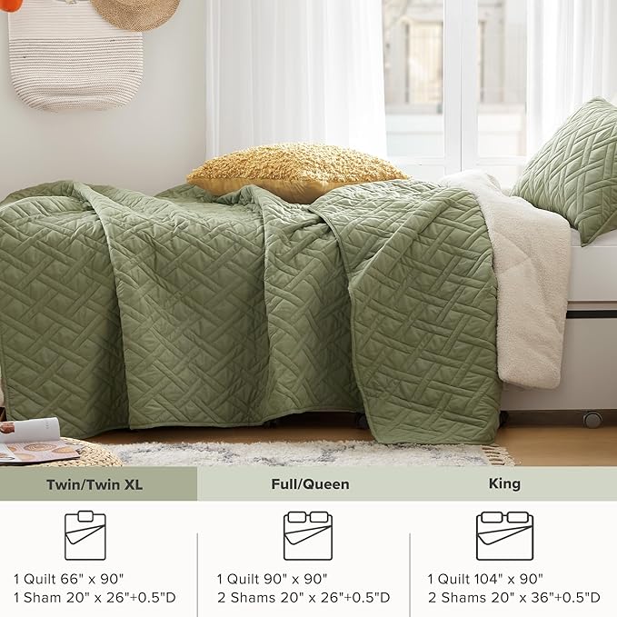 Comfort Spaces Twin Quilt Set Modern Reversible Diamond Coverlet Twin Bedding Set Cozy Quilted Winter Layer, All Season Lightweight Soft Twin Size Quilt, Kienna, Twin/Twin XL Olive Green 2 Piece