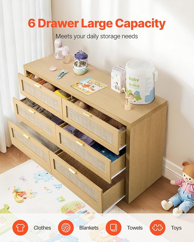 VEVOR Large Boho Dresser for Bedroom, 57" Wide Rattan Dresser 6 Drawer with Ample Storage, Modern Wooden Chest of Drawers Closet TV Stand Dressers for Living Room, Natural Oak