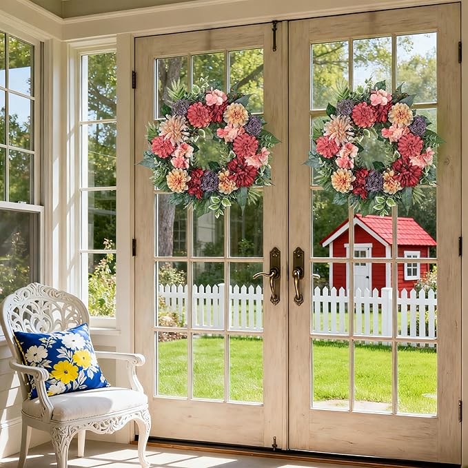 24-Inch Spring Wreath for Front Door with Hydrangeas Dahlias Daisy Silk Flowers and Berry Greenery for All Seasons Indoor Outdoor Wedding Farmhouse Porch Wall Living Room Home Wedding Decor