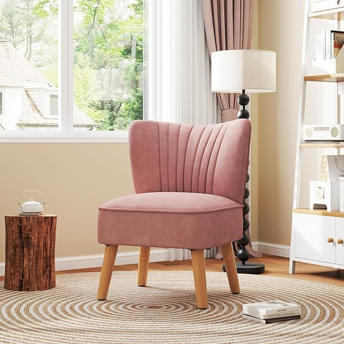 KOMFOTT Velvet Accent Chair, Modern Armless Sofa Chair with Solid Rubber Wood Legs, Wingback Leisure Chair with Thick Cushion, Upholstered Side Chair for Living Room, Bedroom, Pink