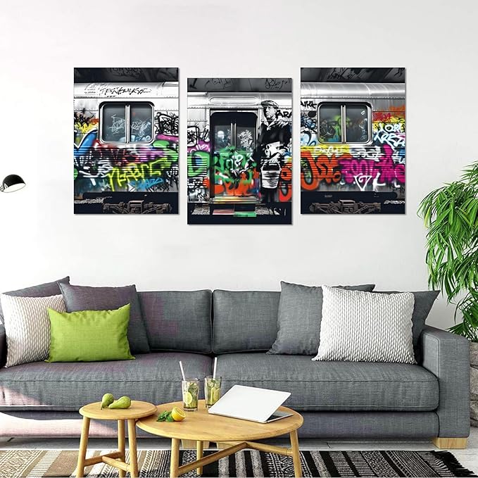 Novatique Banksy Wall Art Street Graffiti Wall Art Abstract Graffiti Painting Art Modern Pop Picture Canvas Print Framed Classic Street Painting for Living Room Home Decor, 20”x 28”x 3Pcs