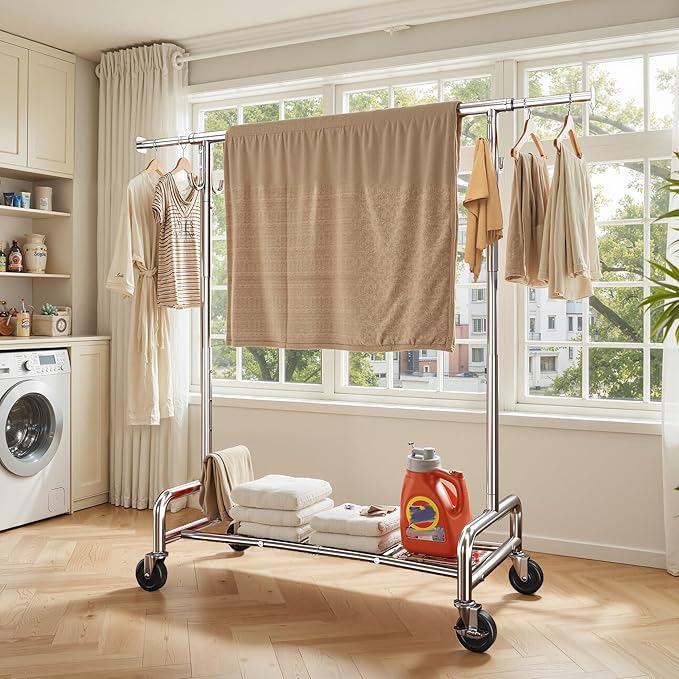 Raybee 75" W Heavy Duty Clothes Rack, 450 LBS Clothing Rack with Lockable Wheels, Sturdy Clothing Racks for Hanging Clothes, Extendable Garment Rack for Bedroom, Laundry Room, Commercial