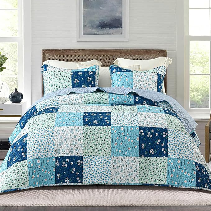 Whale Flotilla Patchwork Quilt Twin Size, Extra Soft Boho Floral Bedspreads for Bed Reversible Lightweight Twin Quilt Bedding Set Printed Coverlets with 1 Pillow Sham for All Seasons, Blue
