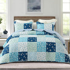 Whale Flotilla Patchwork Quilts Queen Size, Extra Soft Boho Floral Bedspreads for Bed Reversible Lightweight Full Queen Quilt Bedding Set Printed Coverlets with 2 Pillow Shams for All Seasons, Blue