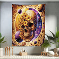 Ambesonne Trippy Tapestry Twin Size, Neo Traditional Floral Ornate Skull with Earthy Leaves Space Scenario, Wall Hanging Bedspread Bed Cover Wall Decor, 68" X 88", Apricot Blue Violet Taupe
