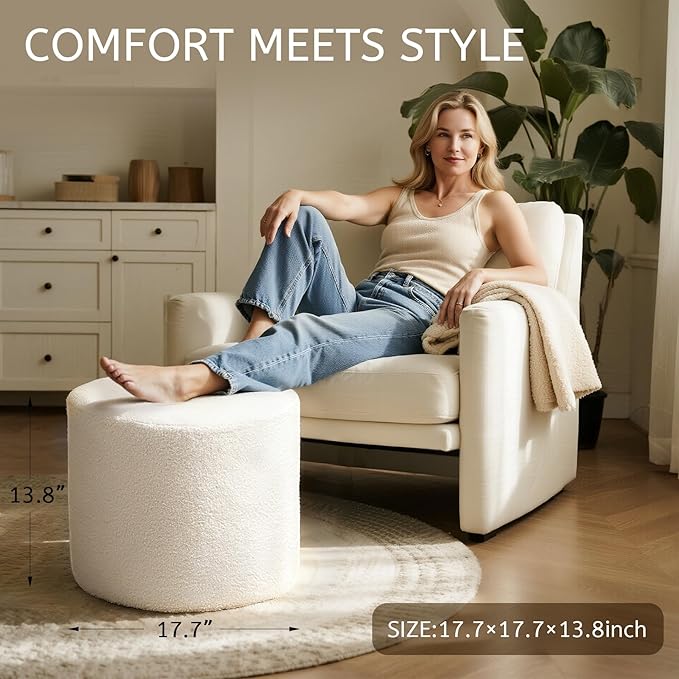 Round Boucle Pouf Ottoman Footrest – Soft & Lightweight Footstool with Full Foam Filling for Living Room, Bedroom