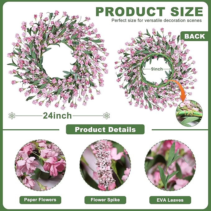 Wreaths for Front Door, 24 Inch Spring/Summer Front Door Wreath, Pink Paper Flower Wreath for All Seasons for Indoor Home Wall Window Office Wedding Farmhouse Decor (Pink)