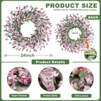 Wreaths for Front Door, 24 Inch Spring/Summer Front Door Wreath, Pink Paper Flower Wreath for All Seasons for Indoor Home Wall Window Office Wedding Farmhouse Decor (Pink)