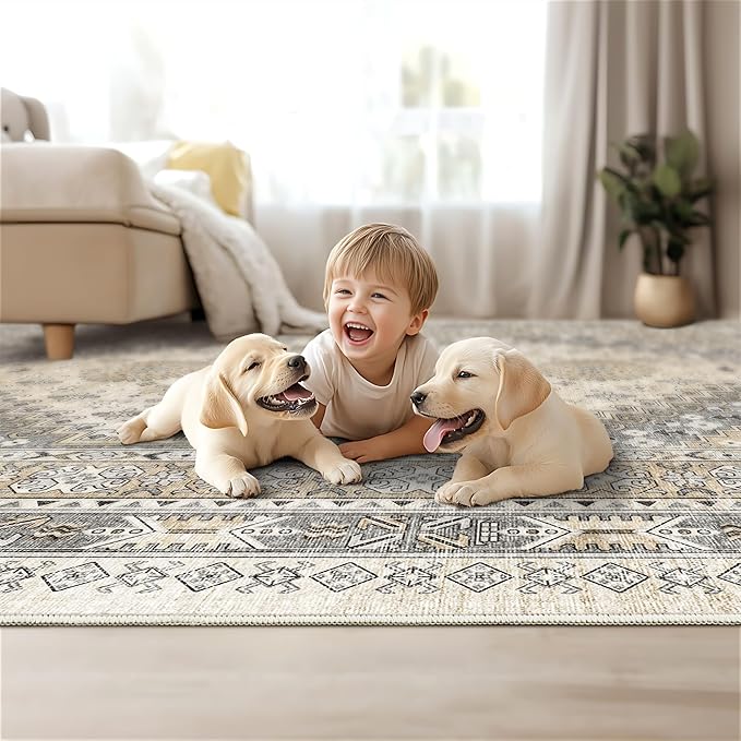Washable Rugs 8x10 Area Rugs for Living Room, Non-Slip Backing Large Rug for Nursery Room, Vintage Floral Bedroom Rugs, Thin Indoor Home Decor Soft Farmhouse Rug (Beige,8'x10')