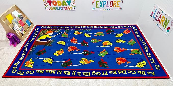 KIDCARPET.COM Lazy River Fishing Rectangle Classroom Rug | Bordered Area Rug for Preschool Daycare Learning, 6' x 8'6"