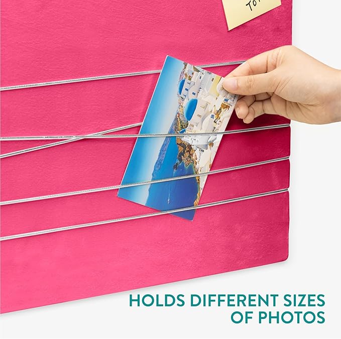 Navaris Fabric Memo Bulletin Board - 12" x 17" Velvet Memory Board for Wall to Display Photo Collages, Pictures, Notes - Includes 6 Push Pins - Bright Pink
