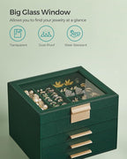 SONGMICS GISELLA Collection - Jewelry Box Organizer, 4-Layer Jewelry Storage with 3 Drawers, Shiny Metal Hardware, Glass Lid, Modern, 8 x 9.1 x 6.5 Inches, Forest Green and Gold Color UJBC173C01