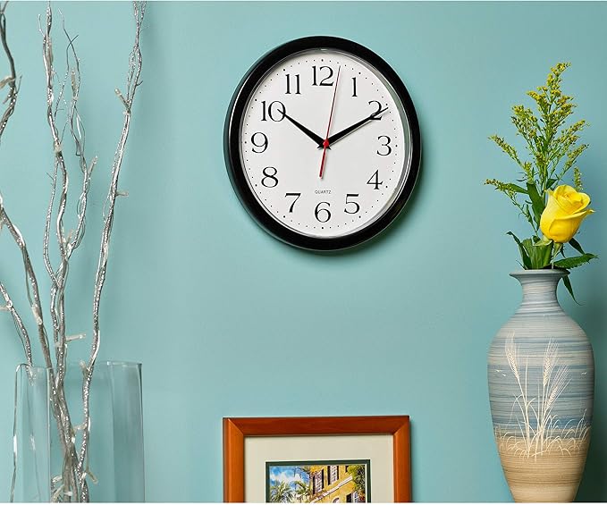 Bernhard Products Black Wall Clocks, 2 Pack Silent Non Ticking 10 Inch Quality Quartz Battery Operated Round Easy to Read Home/Office/School Clock