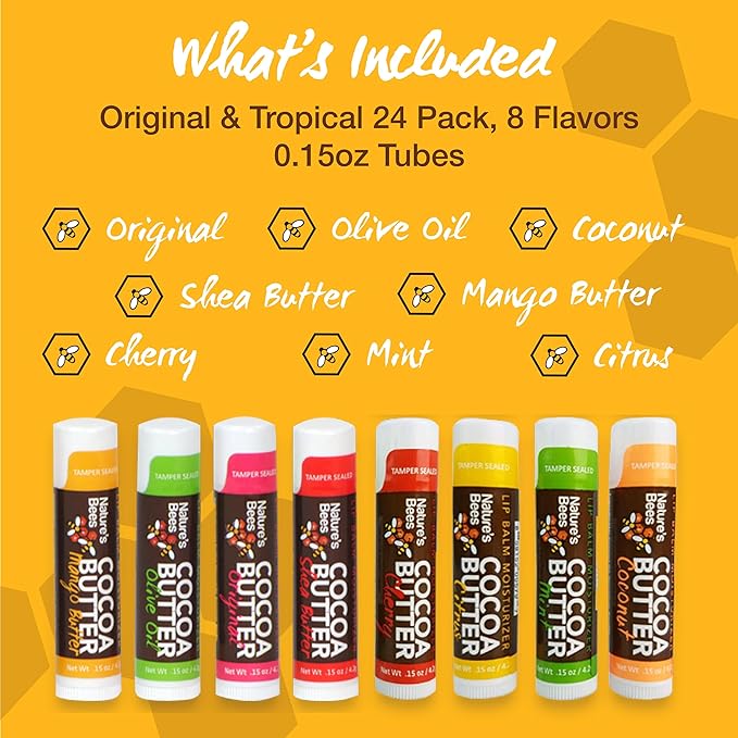 Nature's Bees Lip Balm, Bulk Lip Care Pack for Dry, Cracked Lips, Made in the USA with Natural Ingredients, 0.15 oz Each, 8 Flavors, 24 Pack - Packaging May Vary