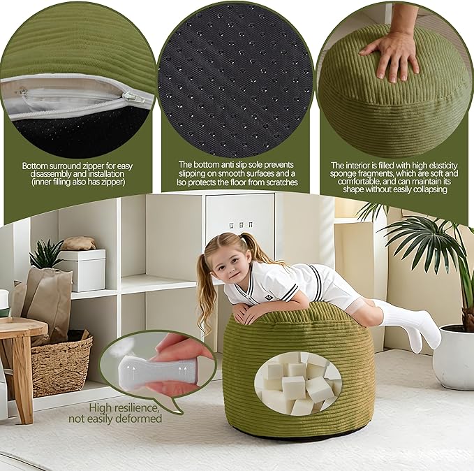 Sqodok Round Stuffed Pouf Ottoman for Foot Stools, 20"x 15" Corduroy Poufs Ottoman with Shredded Foam Filling, Washable Floor Poufs Foot Rest for Living Room Bedroom Home Decor and Office Chair