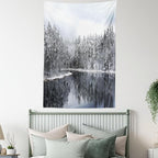 Ambesonne Woodland Tapestry, Lake Surrounded by Snow Covered Trees on a Cold Winter Day in Finland Reflections, Fabric Wall Hanging Decor for Bedroom Living Room Dorm, 30" X 45", White Brown