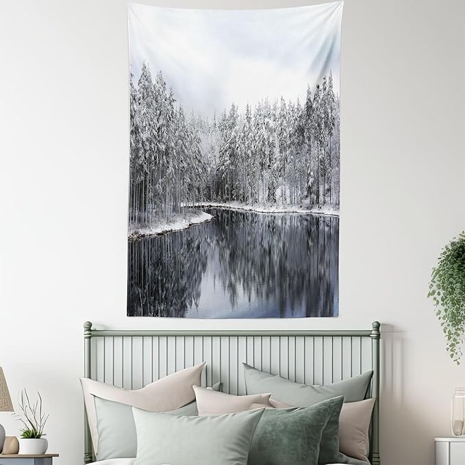 Ambesonne Woodland Tapestry, Lake Surrounded by Snow Covered Trees on a Cold Winter Day in Finland Reflections, Fabric Wall Hanging Decor for Bedroom Living Room Dorm, 30" X 45", White Brown