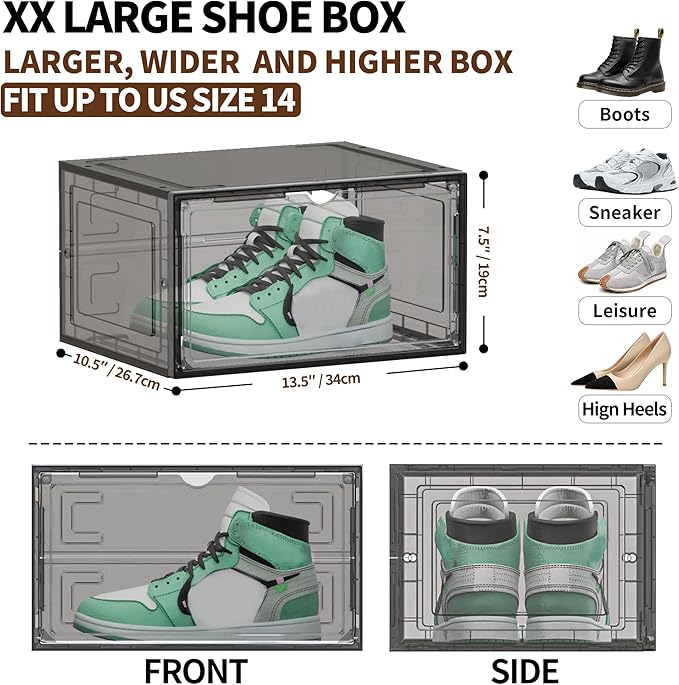 8 Pack XX Large Shoe Organizer, Heavy-Duty Hard Thicken Plastic Clear Stackable Shoe Storage Box Organizer for Closet, Space-Saving Shoe Rack Display Case Bin Containers for Sneakers, Grey