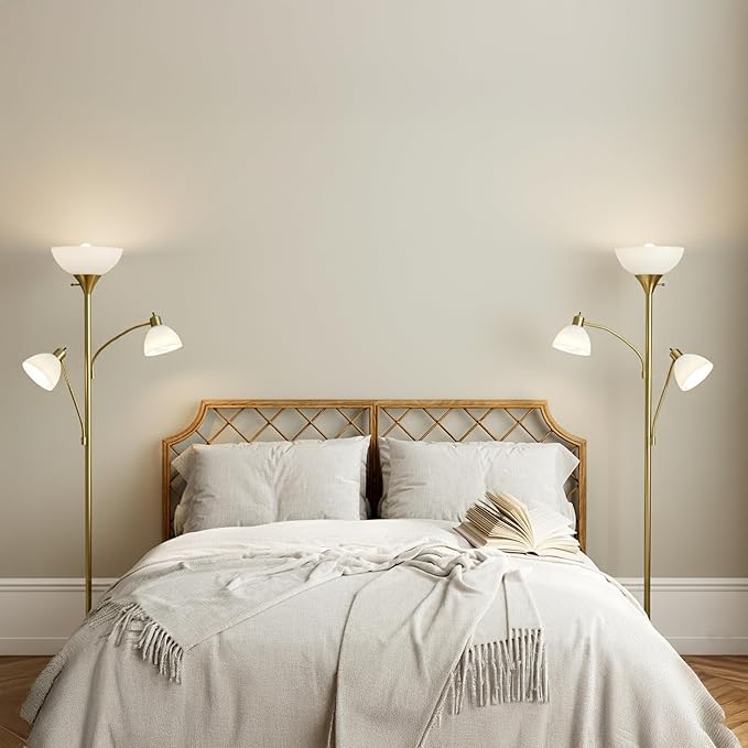Brightech Sky Dome Double LED Floor lamp, Torchiere Super Bright Floor Lamp with 2 Reading Lamps for Living Rooms & Offices - Dimmable Tall Standing Lamp for Bedroom Reading - Tall Brass Pole