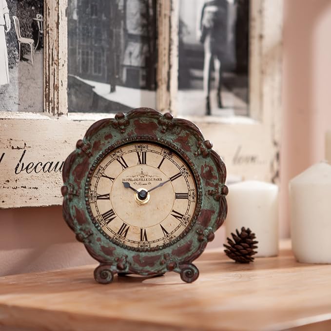 NIKKY HOME Table Top Clock, Vintage French Decorative Pewter Analog Desk Clock Battery Operated for Living Room Decor Shelf, Green