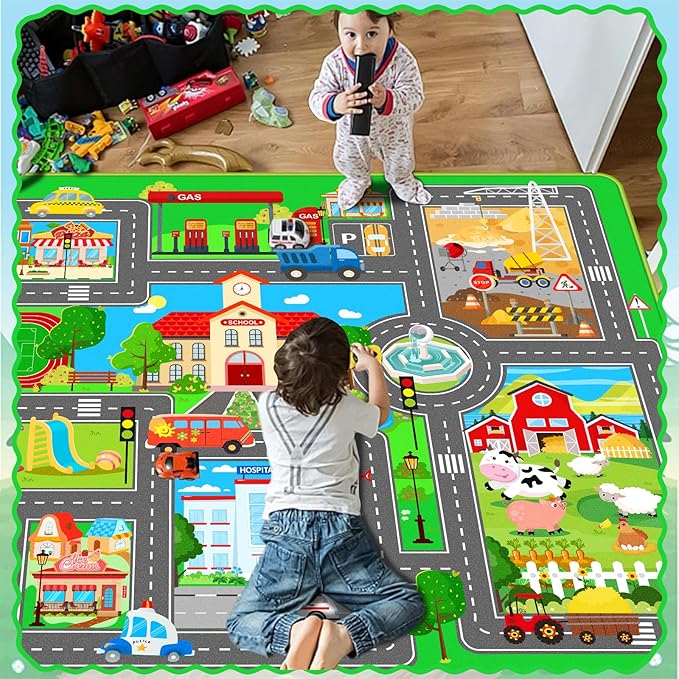 Kids Car Playmat, Kids Rug for Playroom Car Mat Town City Road Traffic Rugs, Play Mat for Floor, Extra Large Boys Kid Car Track Play Rug (Style SIX, 59X 39.4 INCH)