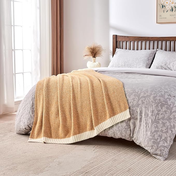CozeCube Super Soft Fullfy Microfiber Reversible Knitted Blankets, Warm Cozy Fuzzy Plush Throw, Orange and White Melange Throw Blanket for Couch Bed Sofa, 60" x 80"