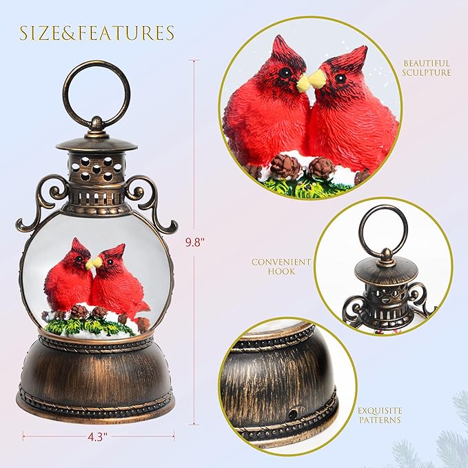 Christmas Snow Globes, Valentines Day Snow Globes, Cardinal Christmas Snow Lantern with 8 Songs, 6H Timer Battery & USB Powered Glitter Music Box for Christmas Table Decorations
