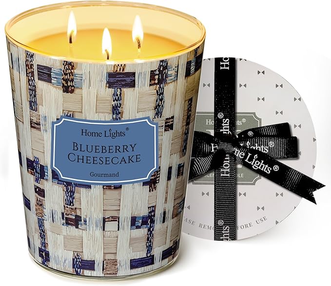 HomeLights Scented Candles | Large Jar 34 Oz Natural Soy Candle | 130 hrs Long-Lasting with 3 Wicks | Rustic Modern Home Decor | Gifts for Mom & Women, Blueberry Cheesecake