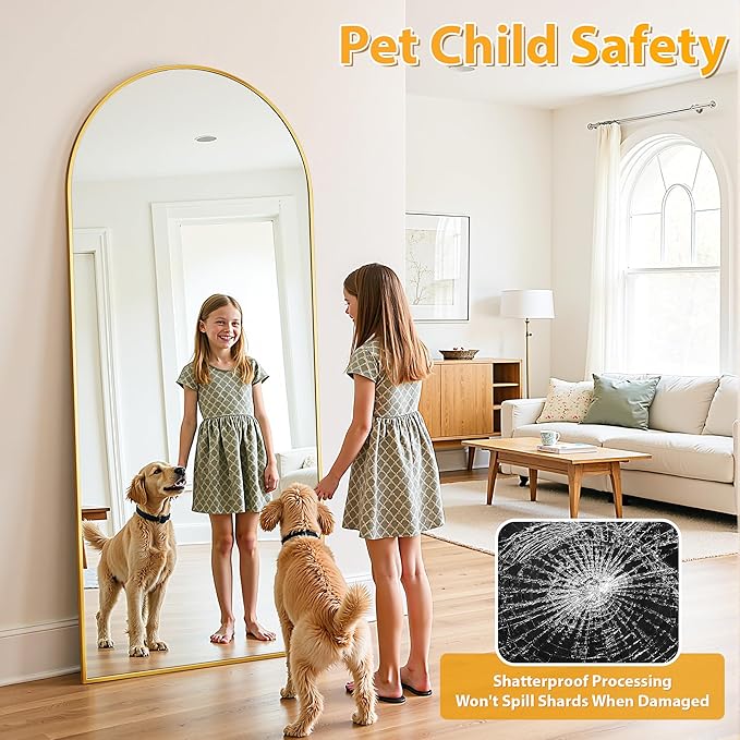 Full Length Mirror, 71"x28" Oversized Floor Mirror Freestanding, Full Body Mirror Floor Standing Mirrors with Stand, Hanging Mounted Mirrors for Bedroom Living Room, Gold, Arched Style
