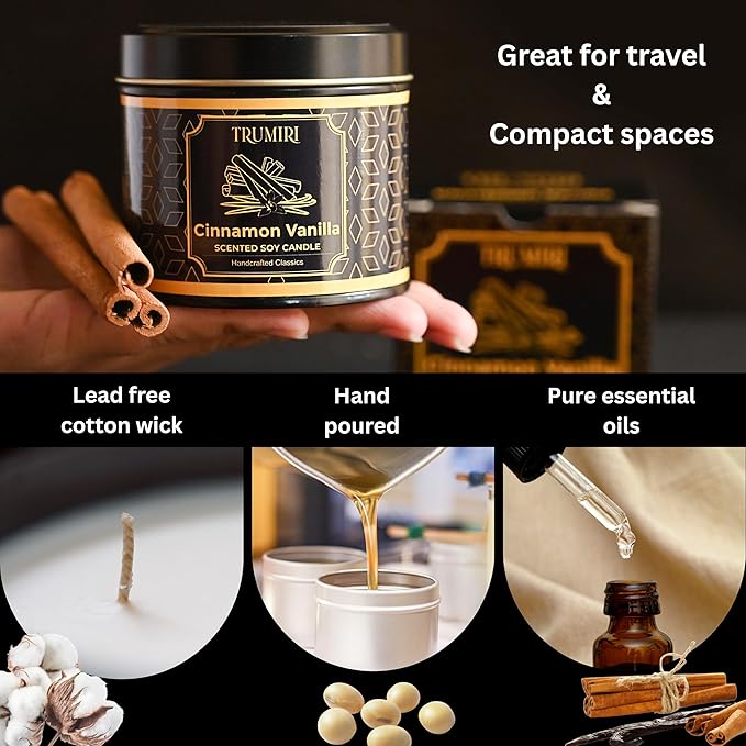 Vanilla Candle with Cinnamon Strong Scented Soy Candel Natural Non Toxic Velas Aromáticas for Women Gift for Fall Christmas Holidays Pack of 1 5Oz Decorartive Travel Tin