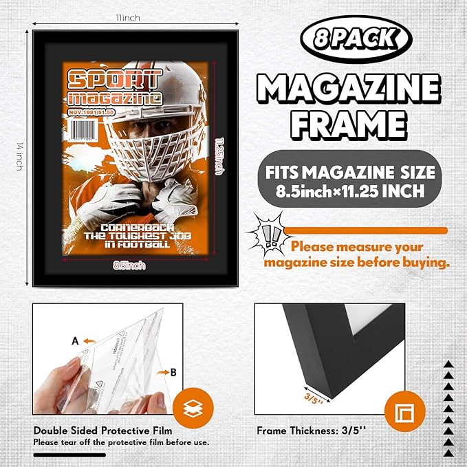 Geetery 8 Pcs Plastic Magazine Frames for Wall Fits 8.5''x11.25'' Magazine Display Frame with Installed Hangers and Core Matting for Home Decoration (Black (Black Mat))