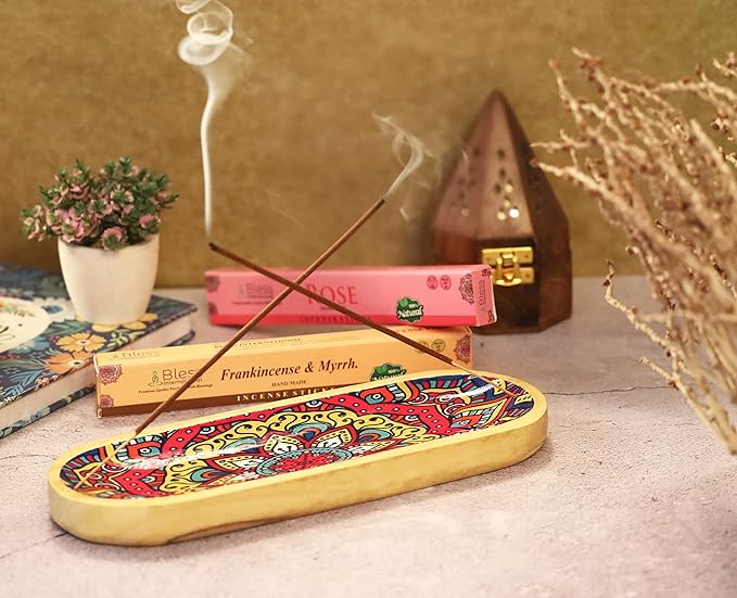 Bless-International Traditional-Handmade-Tray-Burner Wooden-Trat-Incense-Stick-Holder Ash-Catcher-Stand for-Aromatherapy-Meditation-Yoga (Mandala, 11x4x1.22 Inches)