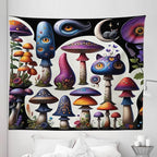 Ambesonne Hippie Tapestry King Size, Psychedelic Dream of Trippy Mushroom Scene with Eyes and Cat Face Fantasy, Wall Hanging Bedspread Bed Cover Wall Decor, 104" X 88", Quartz Sea Blue Pearl