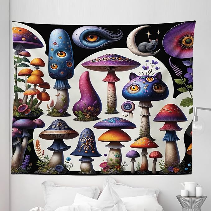 Ambesonne Hippie Tapestry King Size, Psychedelic Dream of Trippy Mushroom Scene with Eyes and Cat Face Fantasy, Wall Hanging Bedspread Bed Cover Wall Decor, 104" X 88", Quartz Sea Blue Pearl