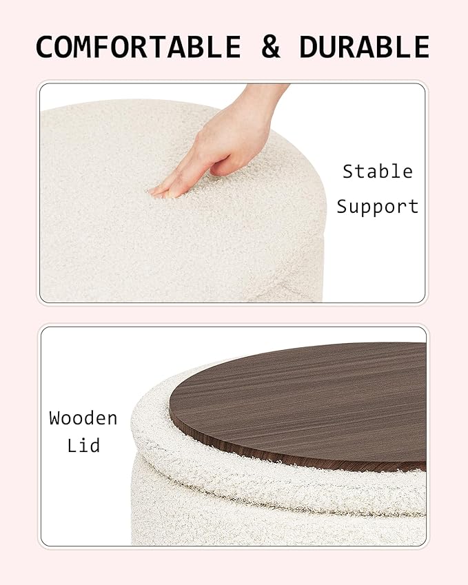 Round Boucle Storage Ottoman with Reversible Wood Tray, 17.7" Sherpa Cylinder Footrest Stool with Storage, Upholstered Folding Ottoman Coffee Table for Living Room Bedroom Dorm, White