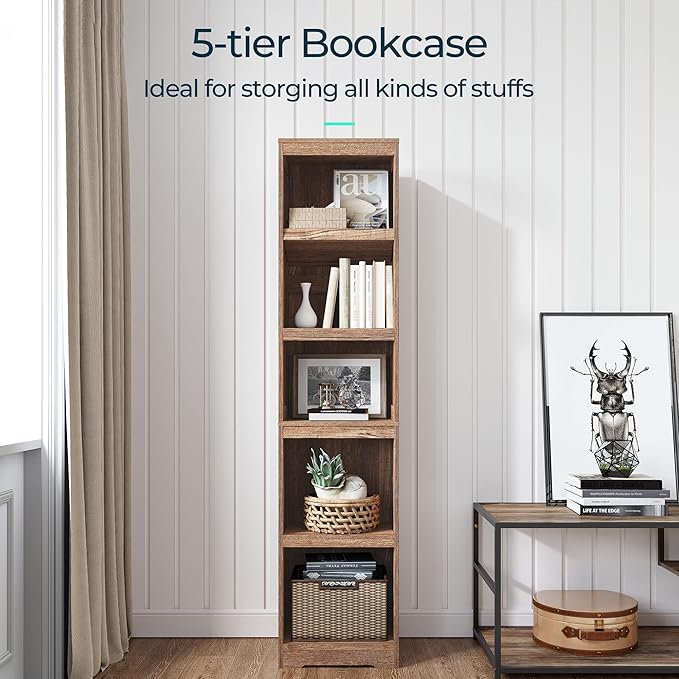 LINSY HOME 5-Shelf Bookcase, Narrow Bookshelves Floor Standing Display Storage Shelves 68 in Tall Bookcase Home Decor Furniture for Home Office, Living Room, Bed Room - Dark Brown