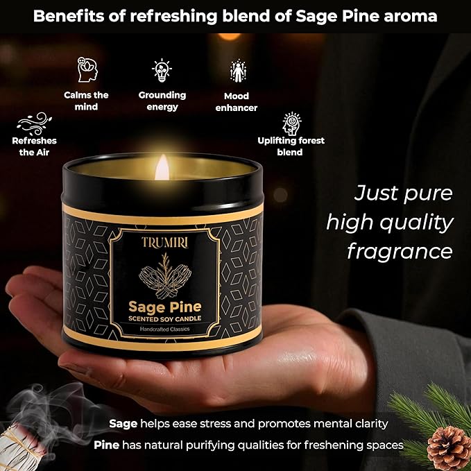 Sage & Pine Candle Strong Scented Soy Candel Natural Non Toxic Velas Aromáticas for Cleansing Gift for Fall Christmas Holidays Pack of 1 5Oz Decorartive Travel Tin