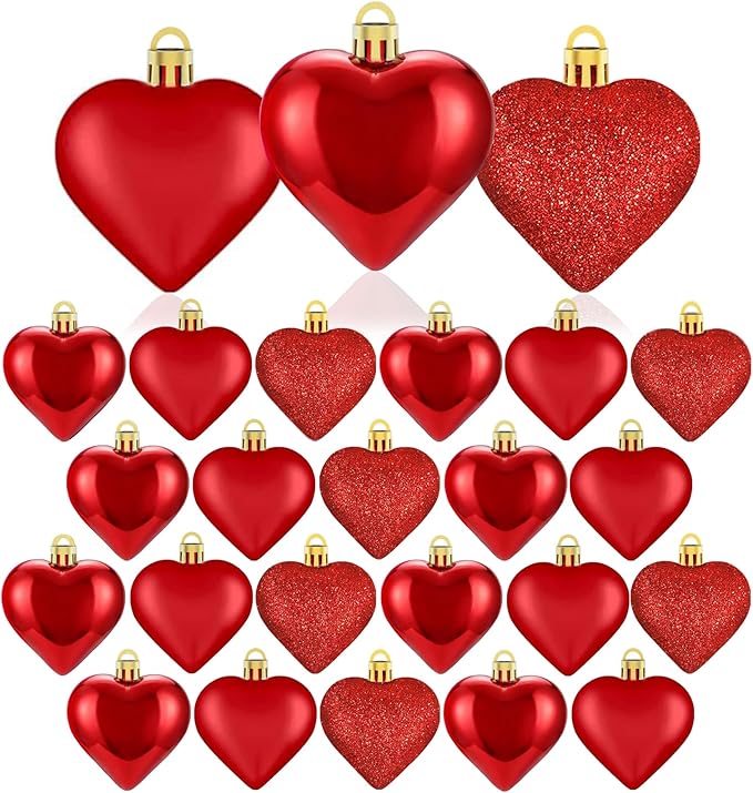 XmasExp Heart Ornaments for Christmas Tree Decorations Set of 24 Heart Shaped Bauble Perfect for Valentine's Day Wedding Anniversaries and Party Supplies (Dark Red)